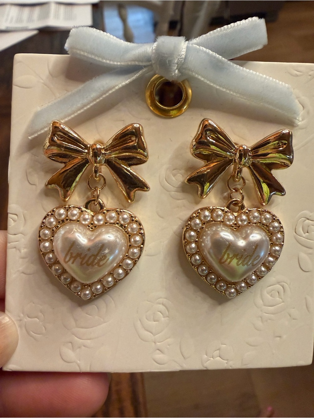 Francesca's Collections Gold Bow & Pearl Heart 'Bride' Drop Earrings